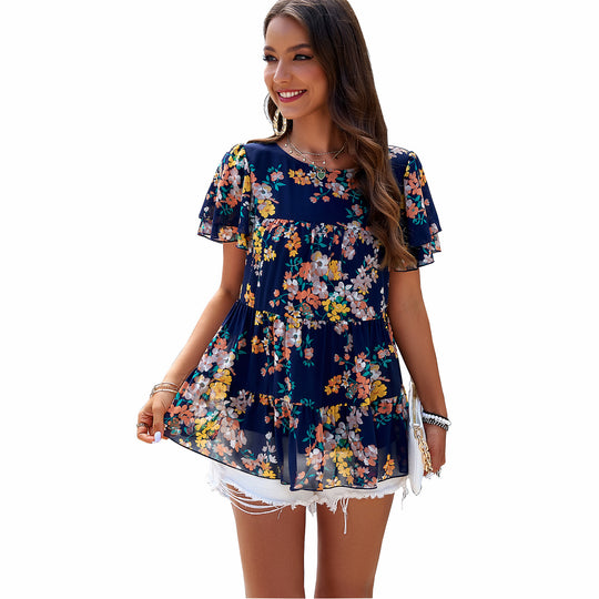 Damen Luftiges Blumenshirt mit Rüschendetails EB