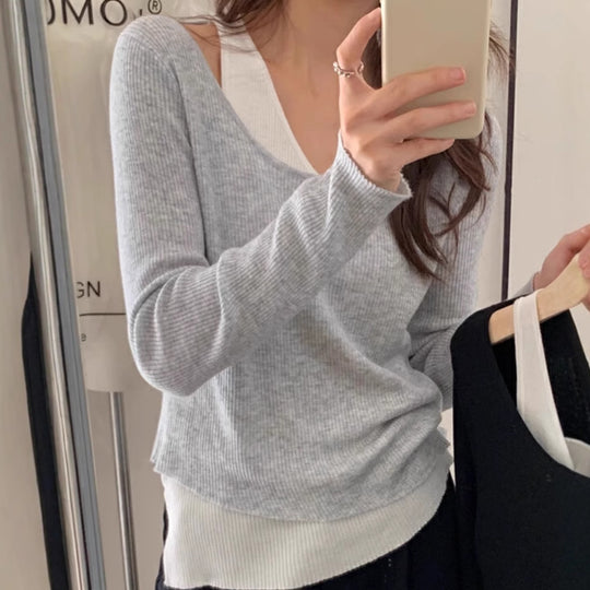 Damen lässiger V-Ausschnitt Strickpullover mit kontrastrierendem Saum EB