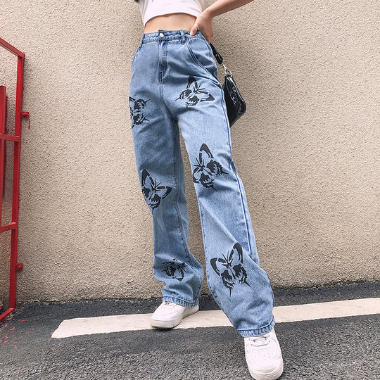 Damen weite High-Waist Jeans mit floralen Druckmotiven EB