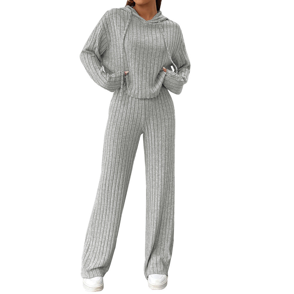 Damen geripptes Lounge-Set mit Kapuzenpullover und weiter Highwaist-Hose Eichborn Berlin