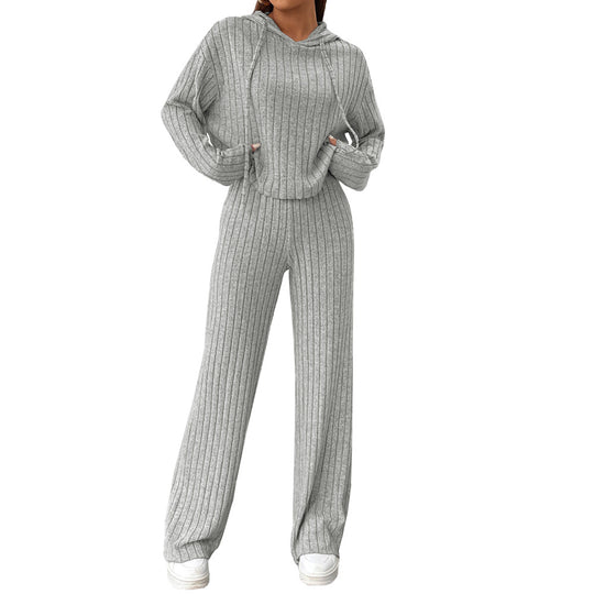 Damen geripptes Lounge-Set mit Kapuzenpullover und weiter Highwaist-Hose Eichborn Berlin