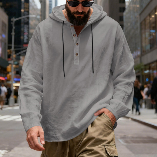 Herren nan Henley-Kapuzenpullover mit Knopfleiste und verstellbarem Kordelzug EB
