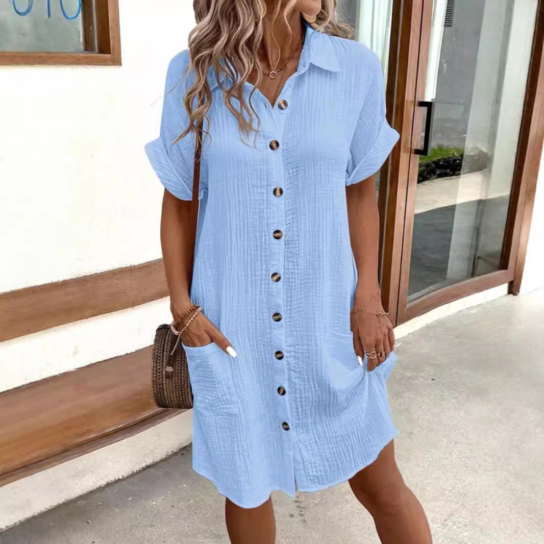 Damen lässiges Hemdblusenkleid aus leichtem Baumwollmischgewebe mit Knopfleiste und Seitentaschen EB