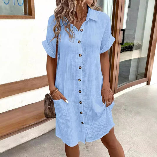 Damen lässiges Hemdblusenkleid aus leichtem Baumwollmischgewebe mit Knopfleiste und Seitentaschen EB