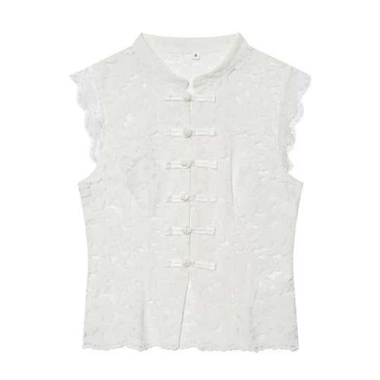 Damen-Spitzenoberteil mit traditionellem Stehkragen und eleganten Knopfdetails EB