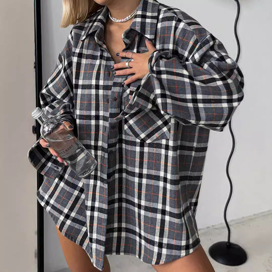 Damen lässige Flanell-Hemdbluse mit Übergröße und Karomuster EB