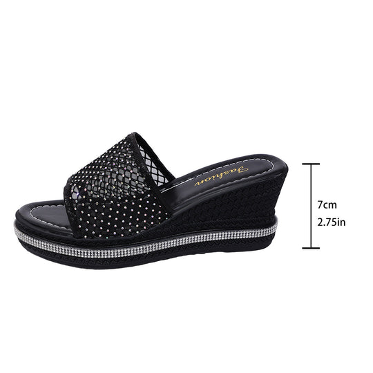 Damen modische Plateau Sandalen mit Netzdesign und Glitzerakzenten EB