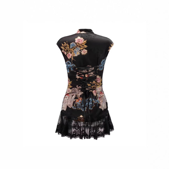 Damen Kurzärmliges Blumenkleid mit Spitzenunterrand EB