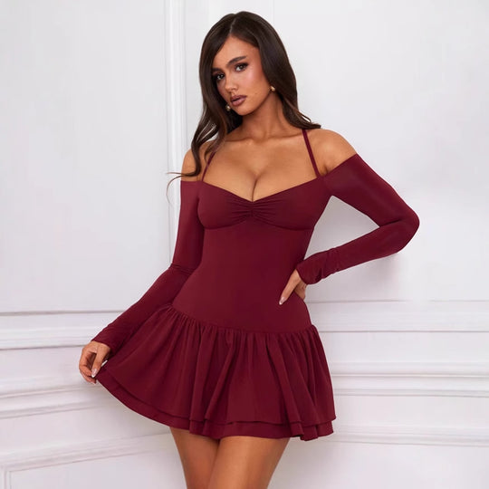 Damen Verführerisches Minikleid mit Langarm und tiefem Ausschnitt EB