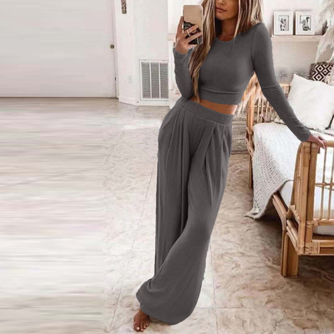 Damen Elegantes Lounge-Set mit langärmeligem Oberteil und weiten Hosen EB