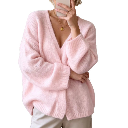 Damen Offener Fluffy-Feinstrick-Cardigan mit tiefem V‑Ausschnitt und legerer Oversize‑Silhouette EB