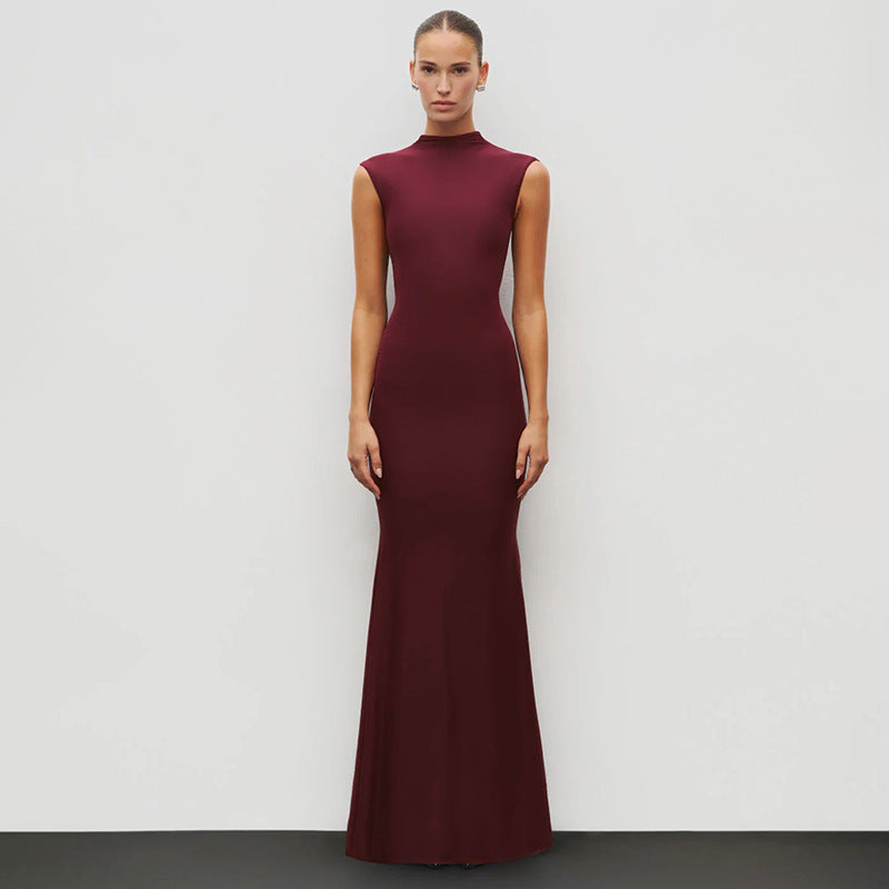 Damen Elegantes Schmalgeschossenes Maxikleid mit hohem Kragen EB