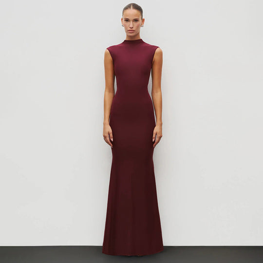 Damen Elegantes Schmalgeschossenes Maxikleid mit hohem Kragen EB