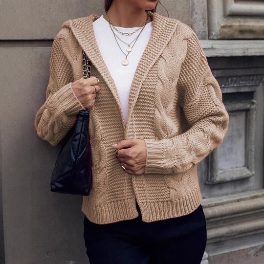 Damen Grobstrickjacke mit Kapuze und aufwendigem Zopfmuster EB