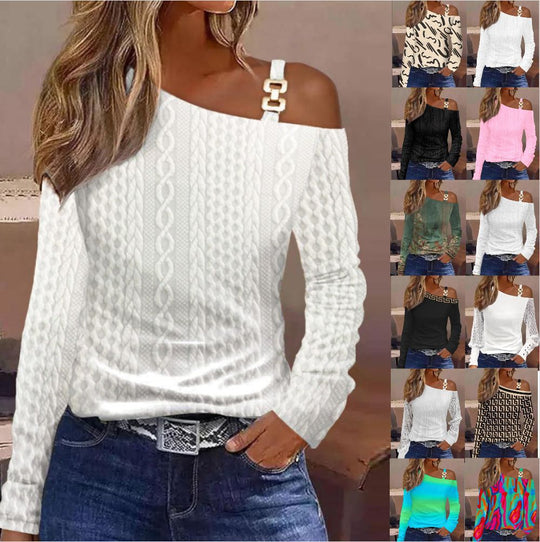 Damen Off-Shoulder Oberteil mit modischem Muster und dekorativen Trägern EB