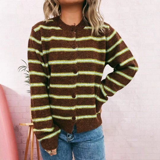 Damen Langärmliger Strickcardigan mit modischem Streifenmuster EB