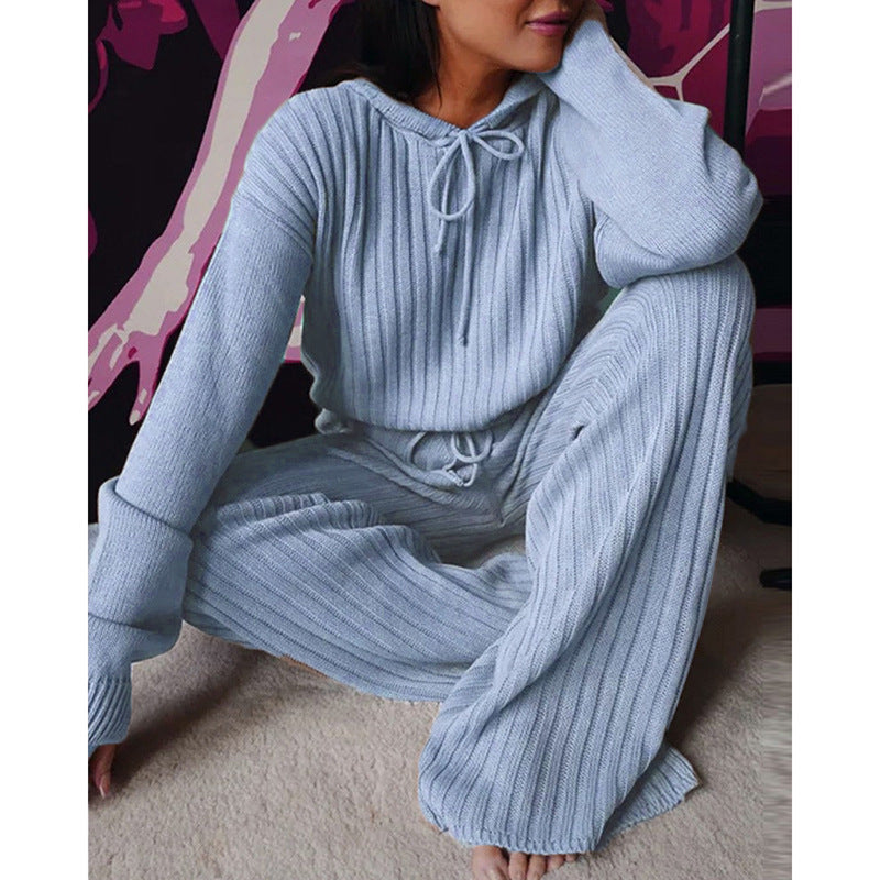 Damen Geripptes Strick-Loungewear-Set mit Kapuzenpullover und weiter Kordelzughose EB