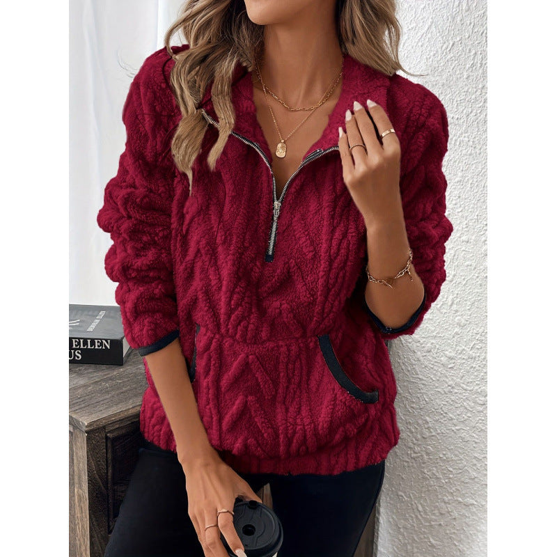 Damen flauschiger Teddy-Pullover mit halbem Reißverschluss und hohen Kragen EB