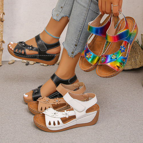 Damen komfortable Wedge-Sandalen mit floralen Applikationen EB