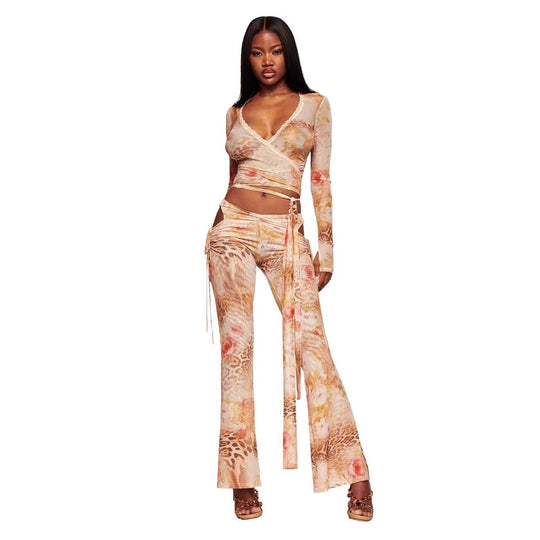Damen Flared Pants mit floralem und animalischem Muster EB