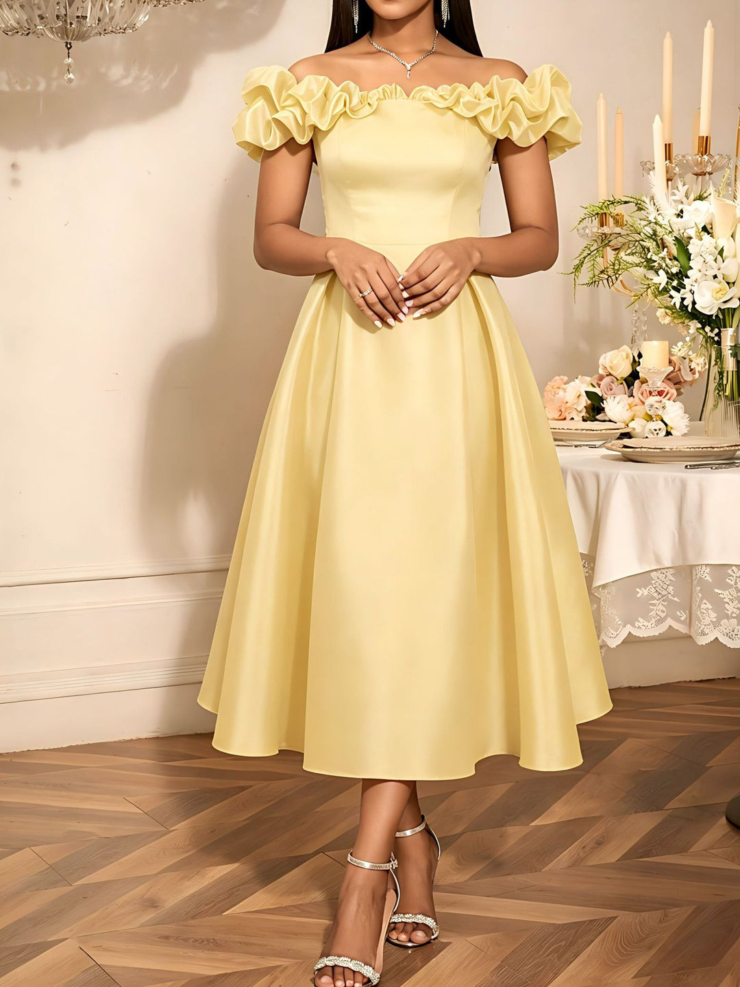 Damen Midi-Party Kleid mit schulterfreiem Design und voluminösen Rüschen EB