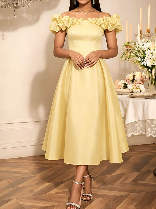 Damen Midi-Party Kleid mit schulterfreiem Design und voluminösen Rüschen EB