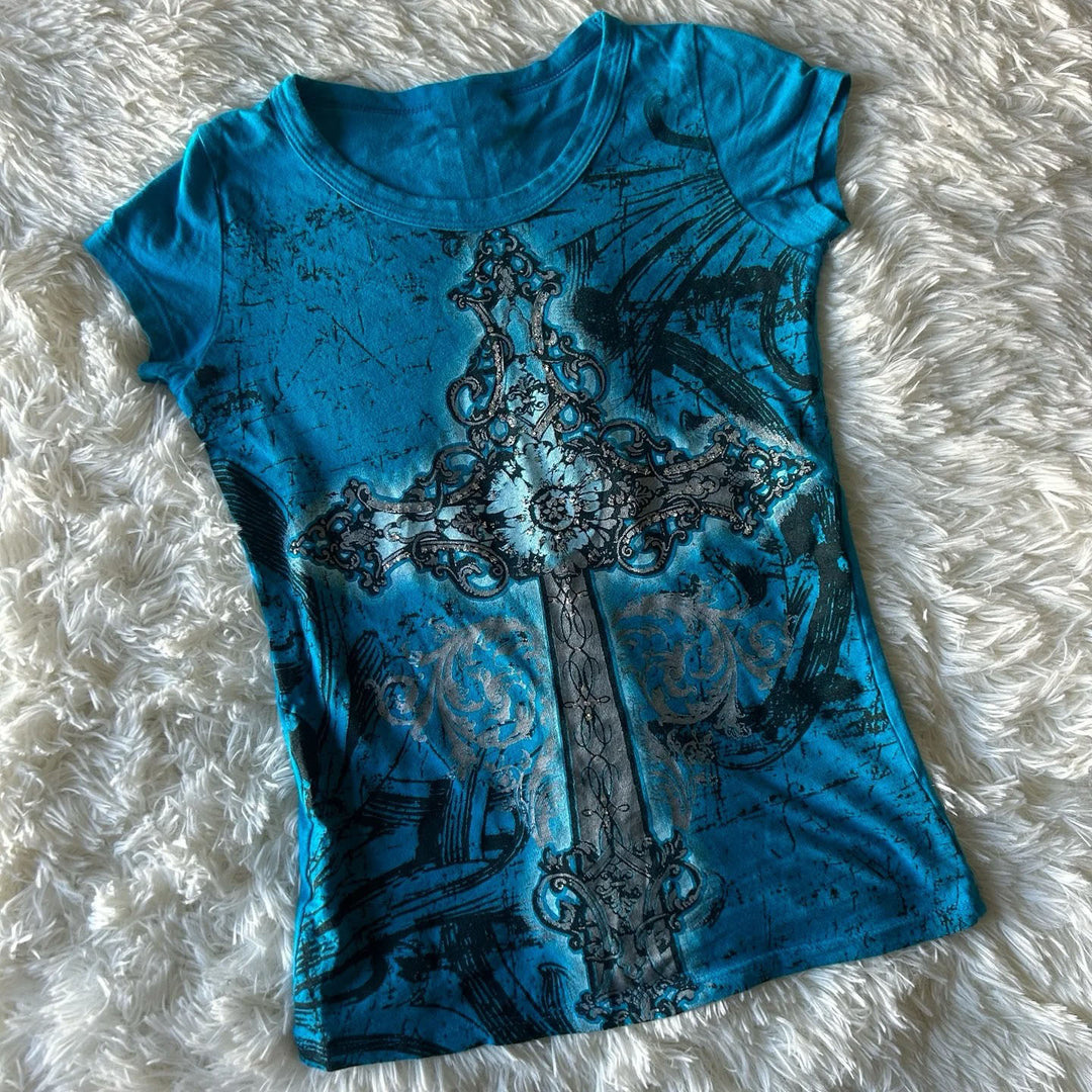 Damen T-Shirt mit grafischem Kreuzdruck und glänzenden Akzenten EB