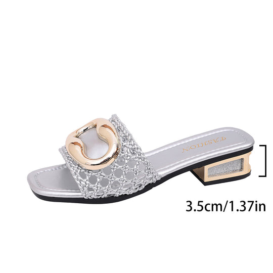 Damen Offene Mules mit geflochtenem Riemendesign EB
