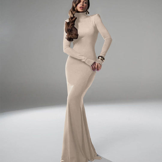 Damen figurbetontes Maxikleid mit hohem Kragen und langen Ärmeln EB