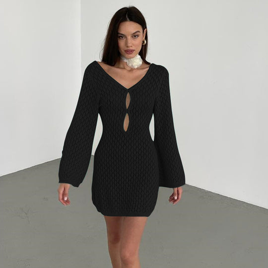 Damen elegantes Häkelkleid mit tiefem Ausschnitt EB