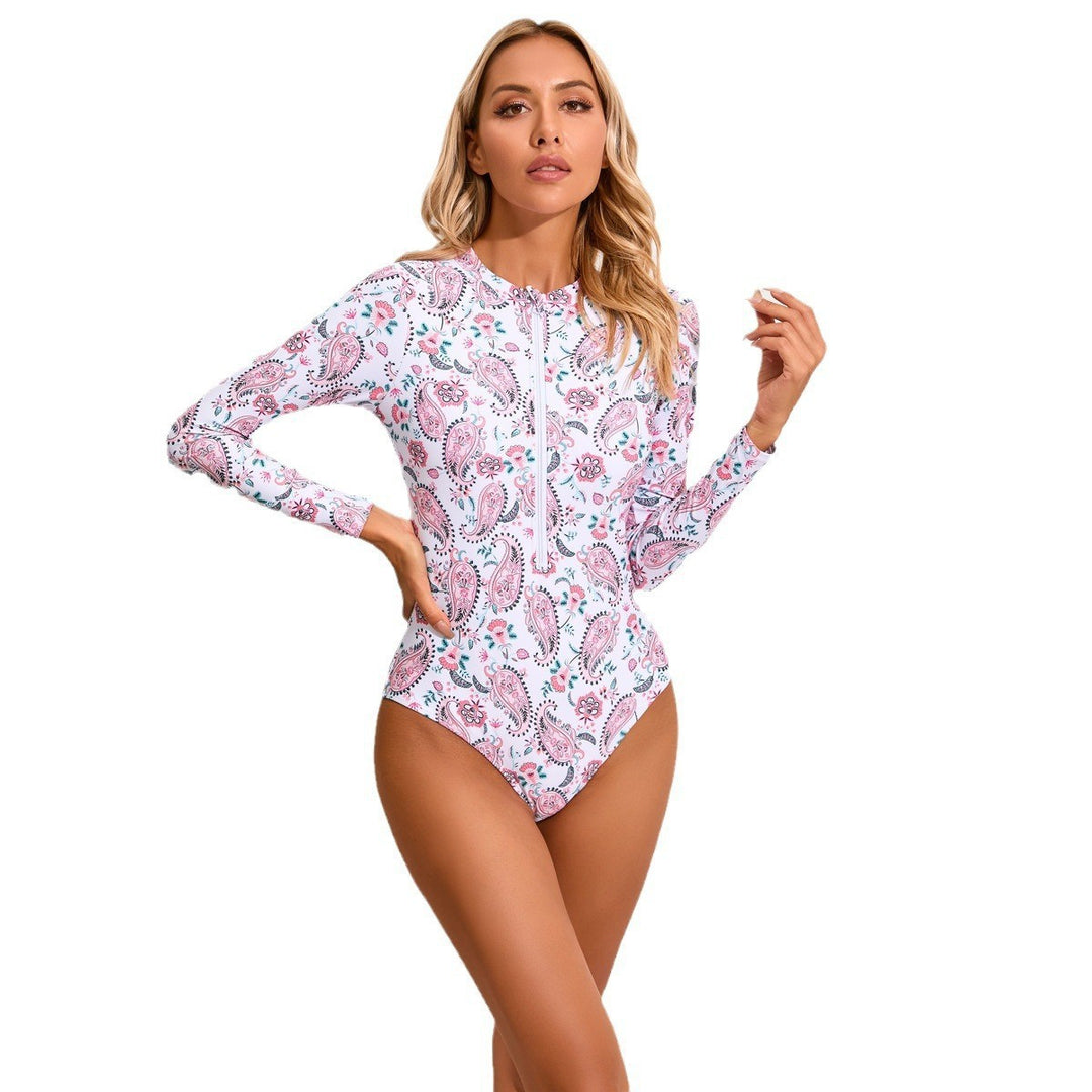 Damen Hochgeschlossener Einteiler Badeanzug mit zip und floralem Muster EB
