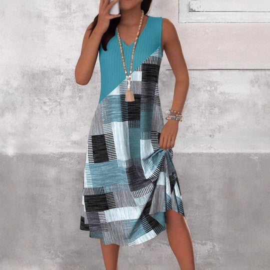 Damen nan ärmelloses V-Ausschnitt Midikleid mit diagonalem Patchworkmuster und geripptem Oberteil EB