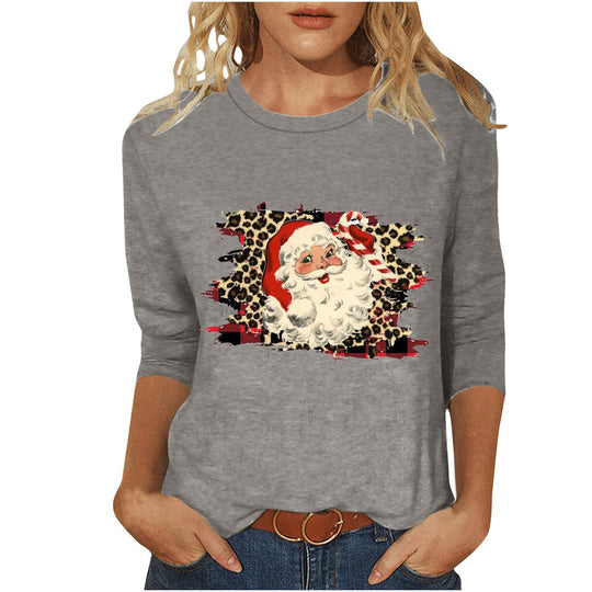 Damen nan lässiges Sweatshirt mit Retro-Weihnachtsmann-Print, Leoparden- und Karomuster und dreiviertelärmel EB