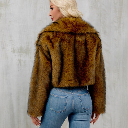 Damen Modische Kunstpelzjacke mit großem Revers EB