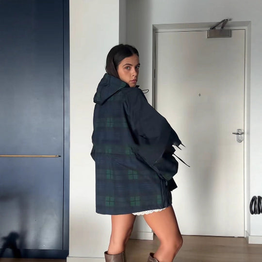 Damen Oversized Jacke im lässigen Karo-Design mit praktischen Taschen und Taillenzug EB