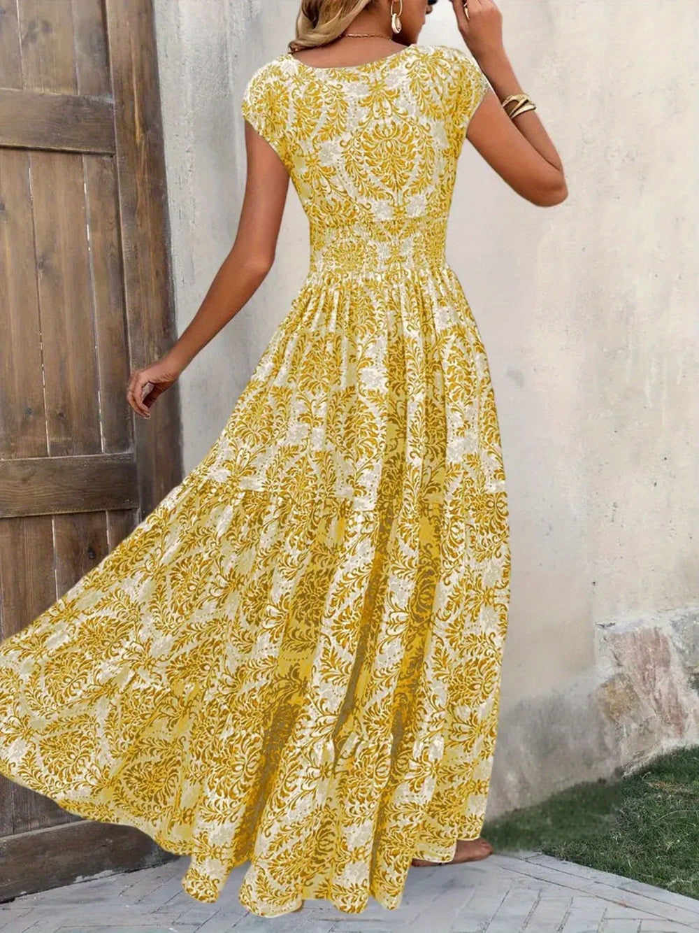 Damen Maxikleid mit romantischem Vintage-Muster und fließendem Schnitt EB