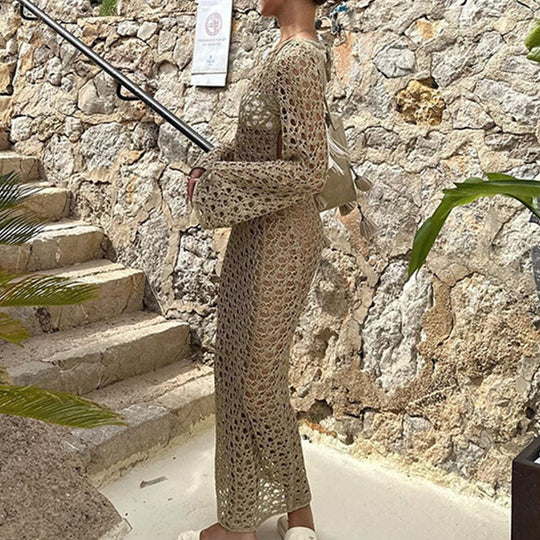 Damen Elegantes Häkel-Maxikleid mit weitem Schnitt und feinen Details EB