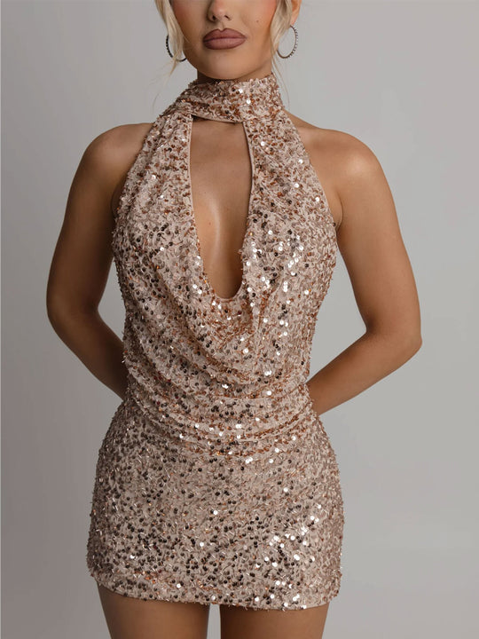 Damen Glamouröses Paillettenkleid mit schimmerndem Halterdesign EB