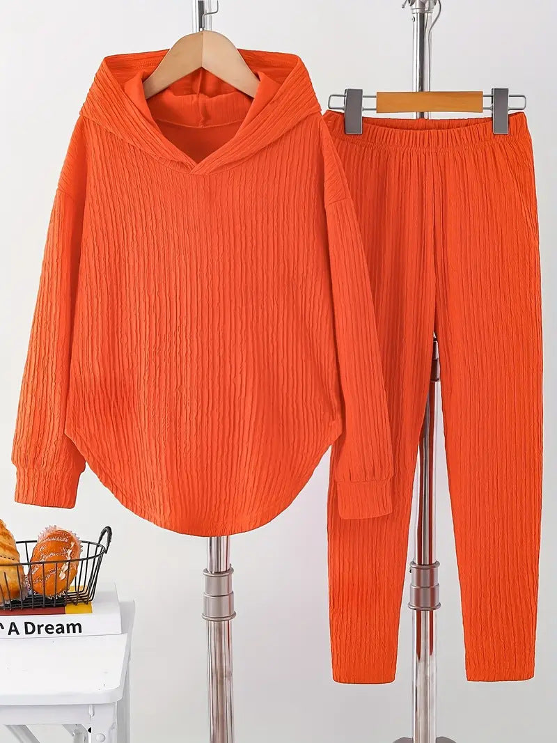 Damen lässiger Sweat-Pulli und -Hose Set mit strukturiertem Design EB