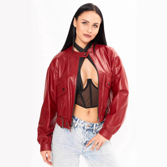 Damen klassische Kunstlederjacke im modischen Oversized-Schnitt EB