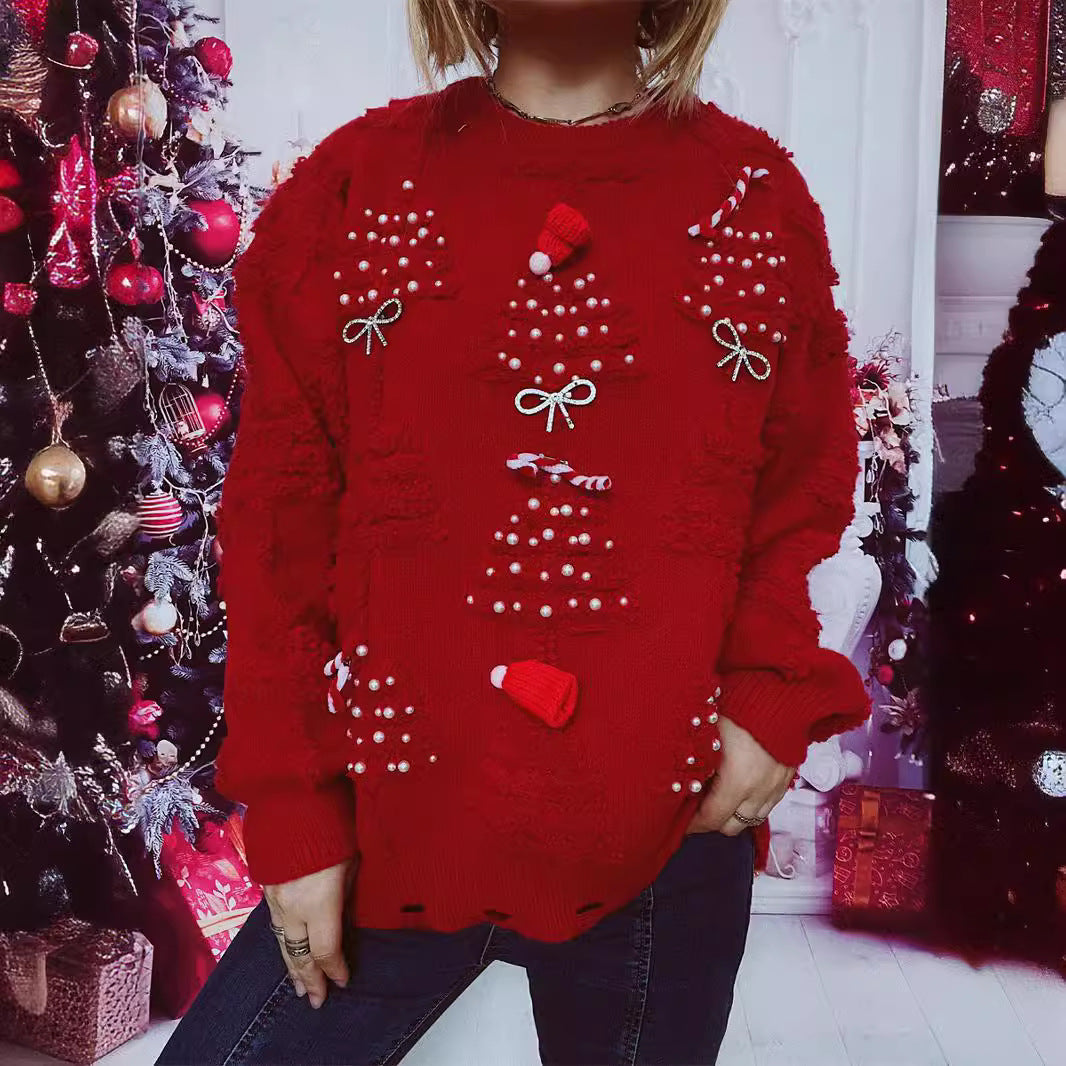Damen Weihnachts-Pullover mit festlichem Motiv und 3D-Applikationen EB