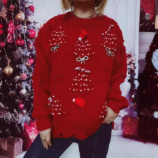 Damen Weihnachts-Pullover mit festlichem Motiv und 3D-Applikationen EB