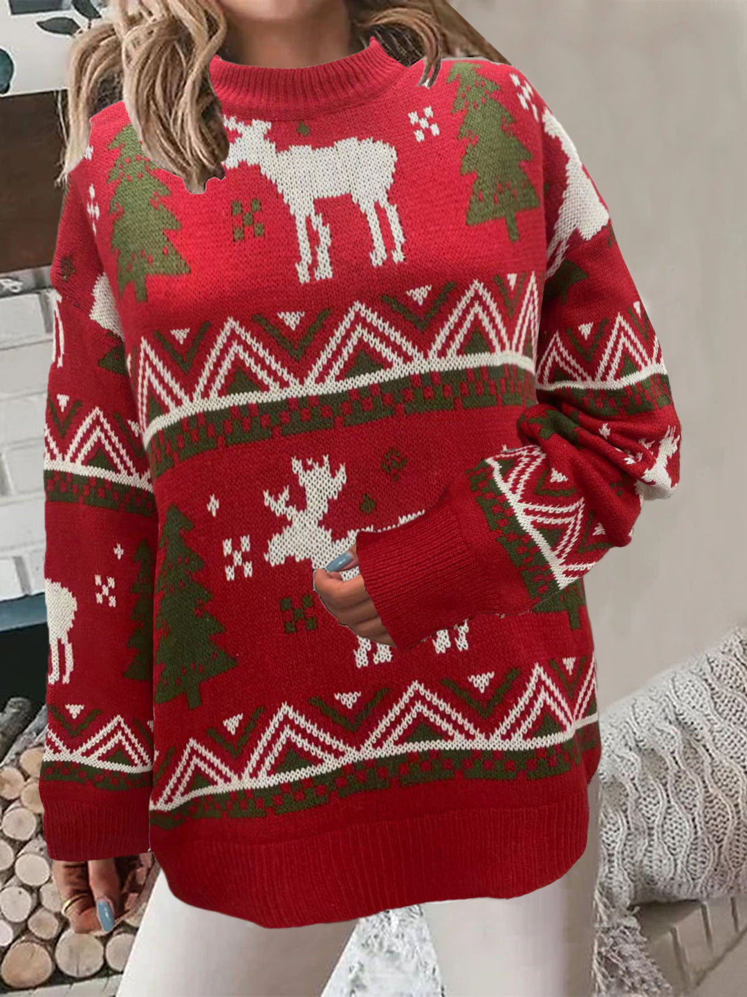 Damen Gemütlicher Weihnachts-Pullover mit festlichem Motiv und hoher Passform EB