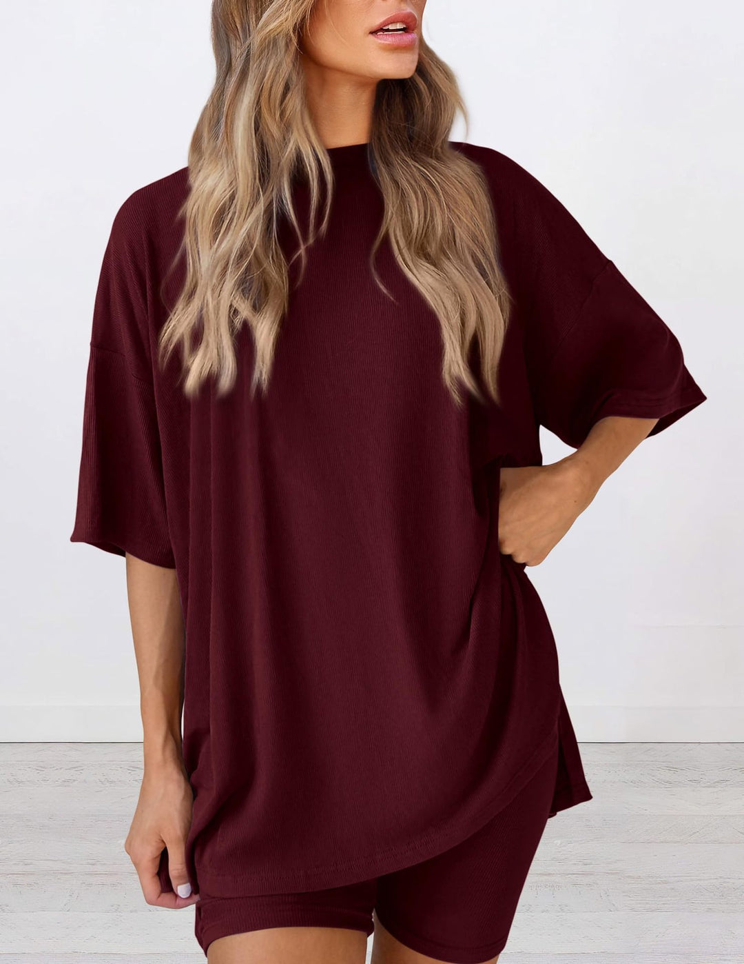 Damen Lässiges Lounge-Set mit übergroßem Oberteil und kurzen Hosen EB