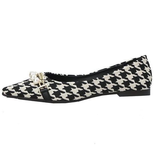Damen elegante Ballerinas mit modischem Hahnentrittmuster und Perlenschmuck EB