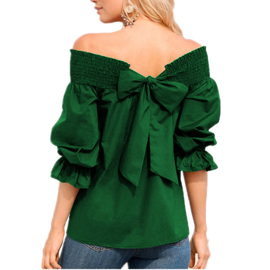 Damen Off-Shoulder Bluse mit Puffärmeln und Schleifendetail EB