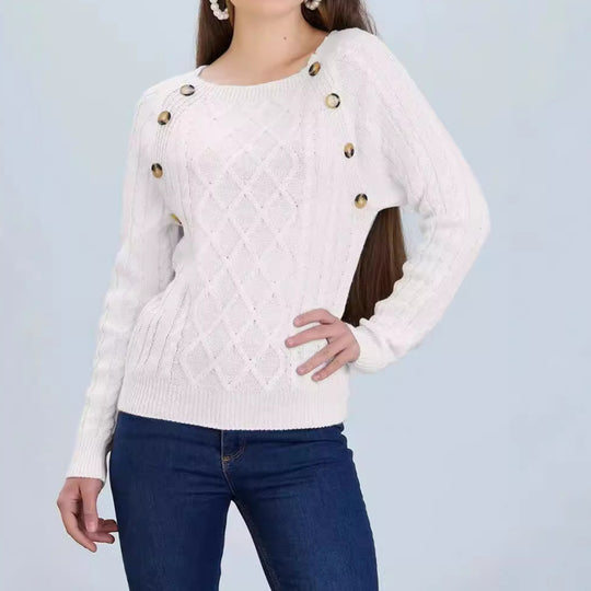 Damen Strickpullover mit klassischem Rautenmuster und dekorativen Knöpfen EB