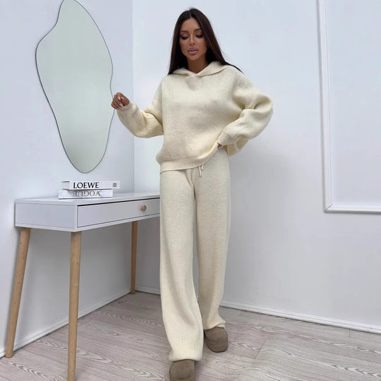 Damen Weiches Strick-Loungewear-Set mit Oversize-Pullover und weiter Palazzo-Hose EB