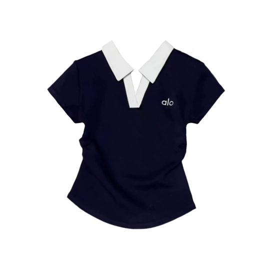 Damen nan kurzärmeliges Polo-Shirt mit offenem V-Ausschnitt, Hemdkragen und dezenter Logo-Stickerei EB