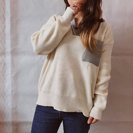Damen lässiger V-Ausschnitt Pullover mit strukturiertem Rippdesign und kontrastierendem Kragen EB